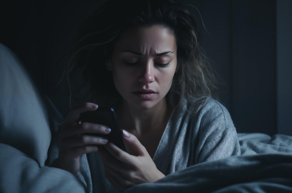 upset young woman can't sleep with phone in bed suspecting partner of cheating