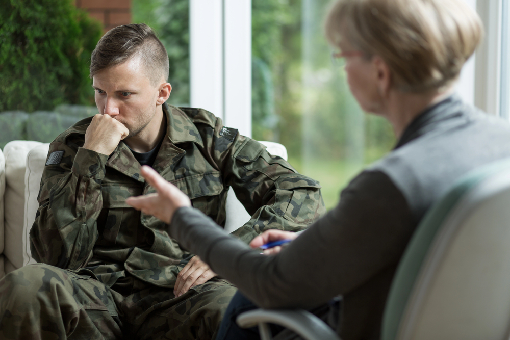 soldier who got PTSD from the war is getting therapy