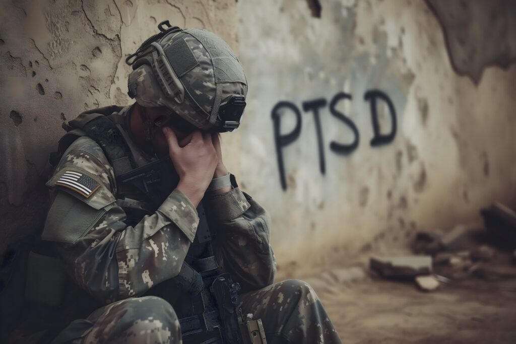 sad soldier and inscription PTSD on the wall, PTSD for post-traumatic stress disorder