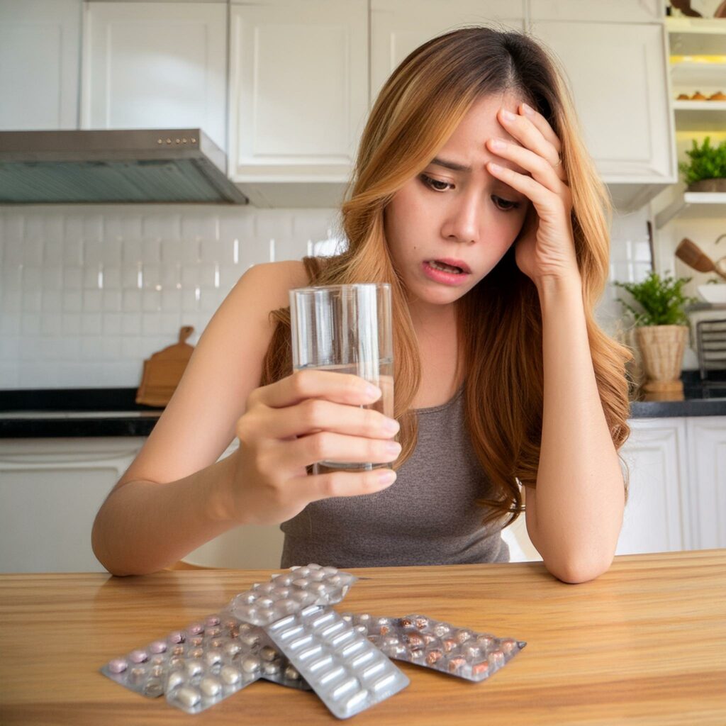 woman drinking pill to treat her depression