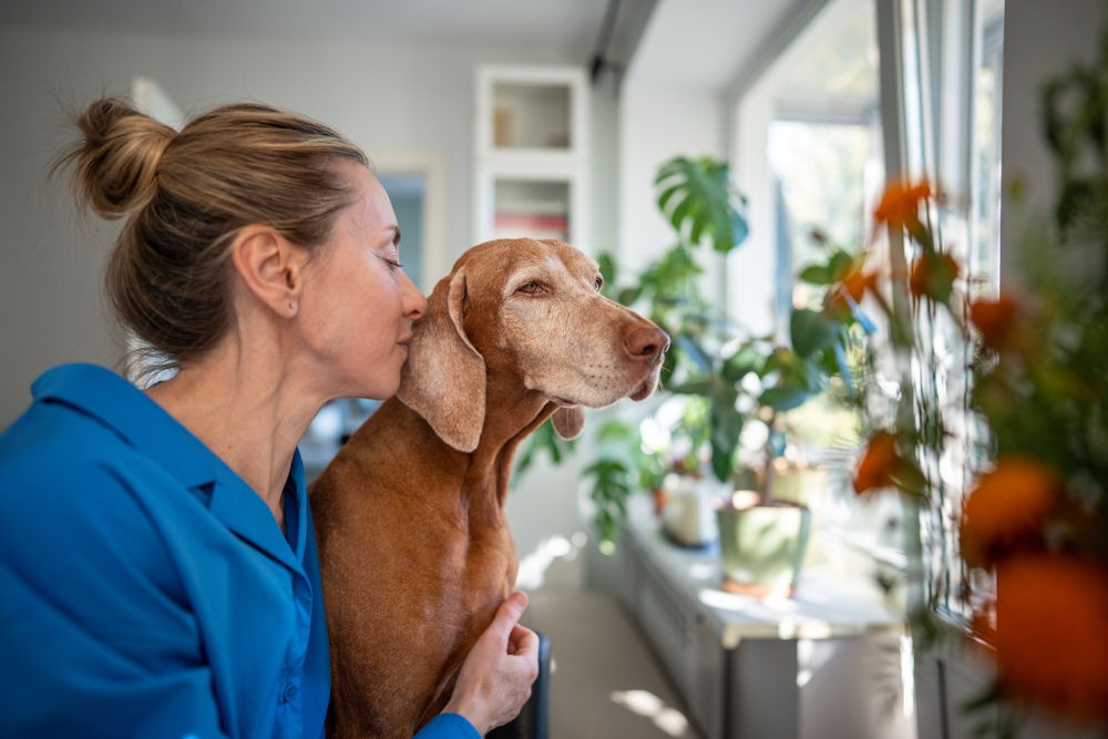 woman holding her brown dog